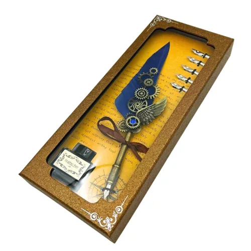 Set caligrafie Giftdeco EE11, pană de gâscă albastră, 6 penițe, cerneală și cutie