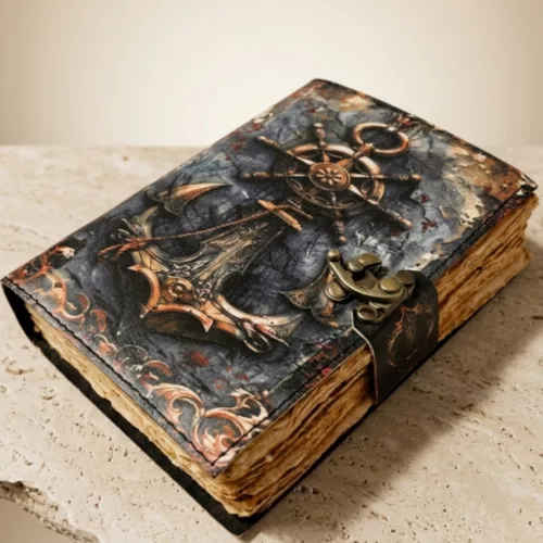 Jurnal Giftdeco H110, piele de capra, alamă și metal, 18 x 13 cm, stil retro, vintage, nautic