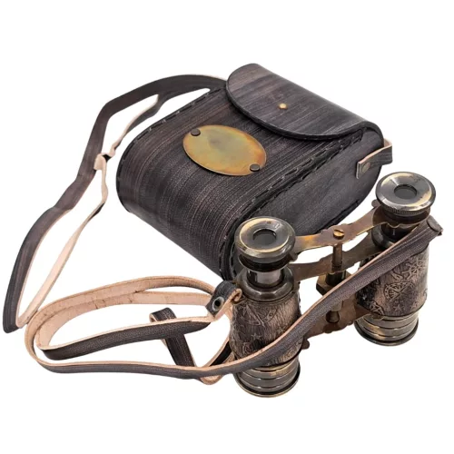 Binoclu decorativ Giftdeco BCL217, alamă și piele naturală, cu huse și curele