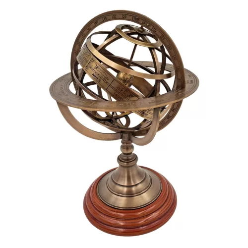 Astrolab sferic decorativ Giftdeco NC1913, sferă armilară din alamă și lemn, 28 cm