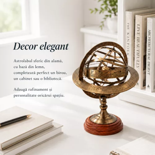Astrolab sferic decorativ Giftdeco NC1913, sferă armilară din alamă și lemn, 28 cm