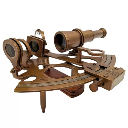 Sextant decorativ Giftdeco, alamă și lemn, 21 x 16 x 8 cm, stil retro, vintage, clasic