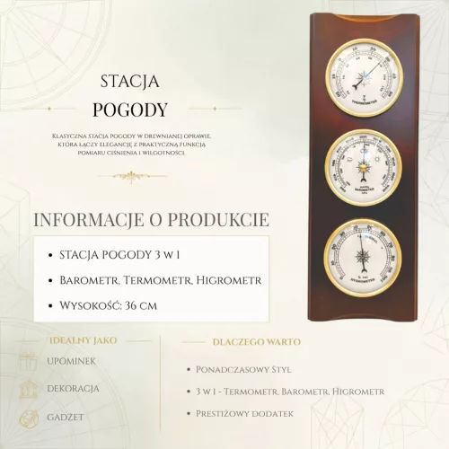 Stație meteo Giftdeco YG336, barometru, termometru și higrometru, lemn, 36 cm