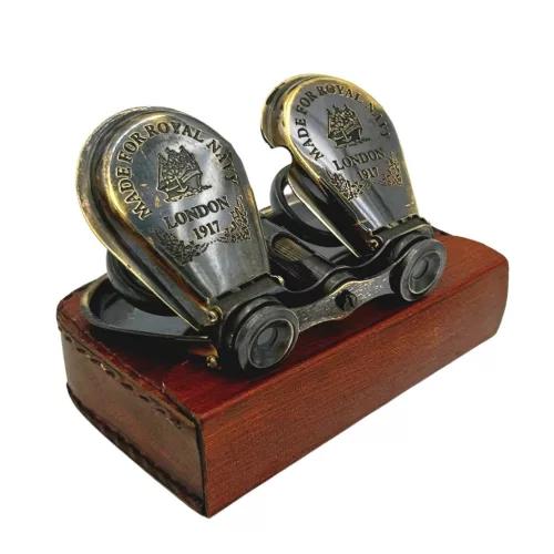 Binoclu decorativ Giftdeco BN863, alamă cu finisaj antichizat, husă din piele, 13 x 8 cm