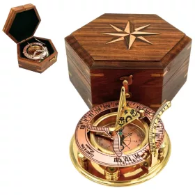   Busolă Giftdeco NC126, alamă, metal și lemn, 14,5 x 12 x 6,3 cm, stil retro, vintage, nautic