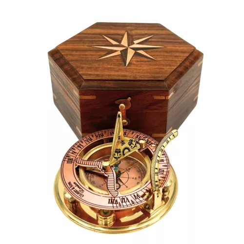 Busolă Giftdeco NC126, alamă, metal și lemn, 14,5 x 12 x 6,3 cm, stil retro, vintage, nautic