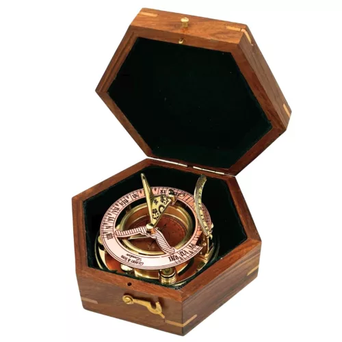 Busolă Giftdeco NC126, alamă, metal și lemn, 14,5 x 12 x 6,3 cm, stil retro, vintage, nautic