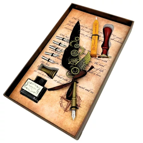 Set de caligrafie Giftdeco EE16, metal, lungime 22 cm, stil retro, clasic
