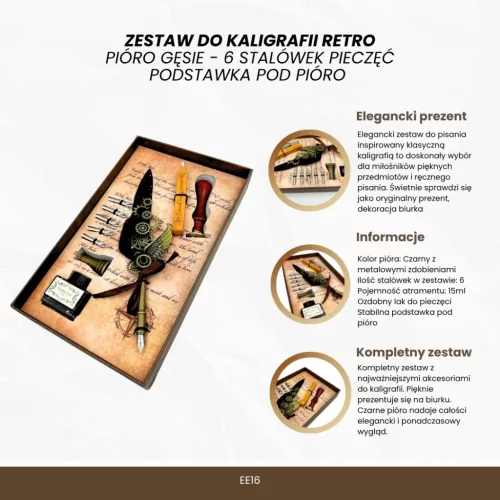 Set de caligrafie Giftdeco EE16, metal, lungime 22 cm, stil retro, clasic