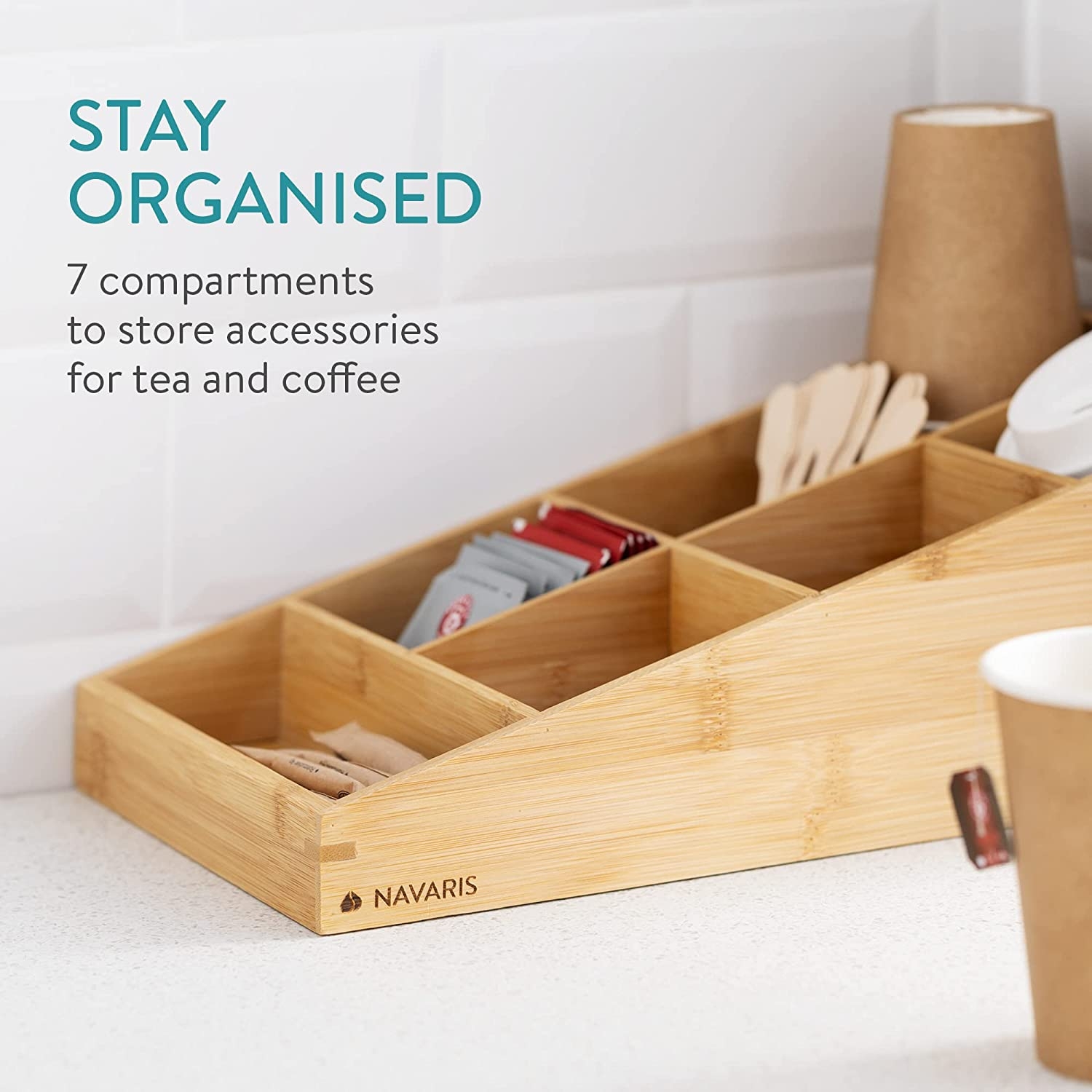 Organizator pentru cafea si ceai Navaris cu 7 compartimente din bambus, maro deschis