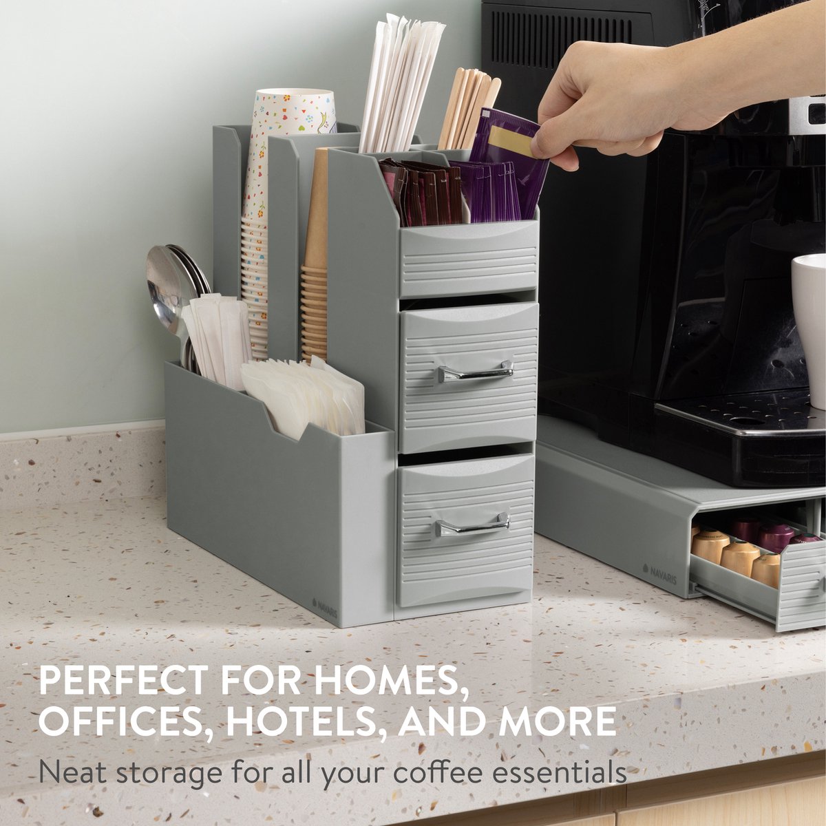 Set suport aparat cafea 3 sertare pentru capsule si organizator 2 sertare pentru consumabile Navaris, gri