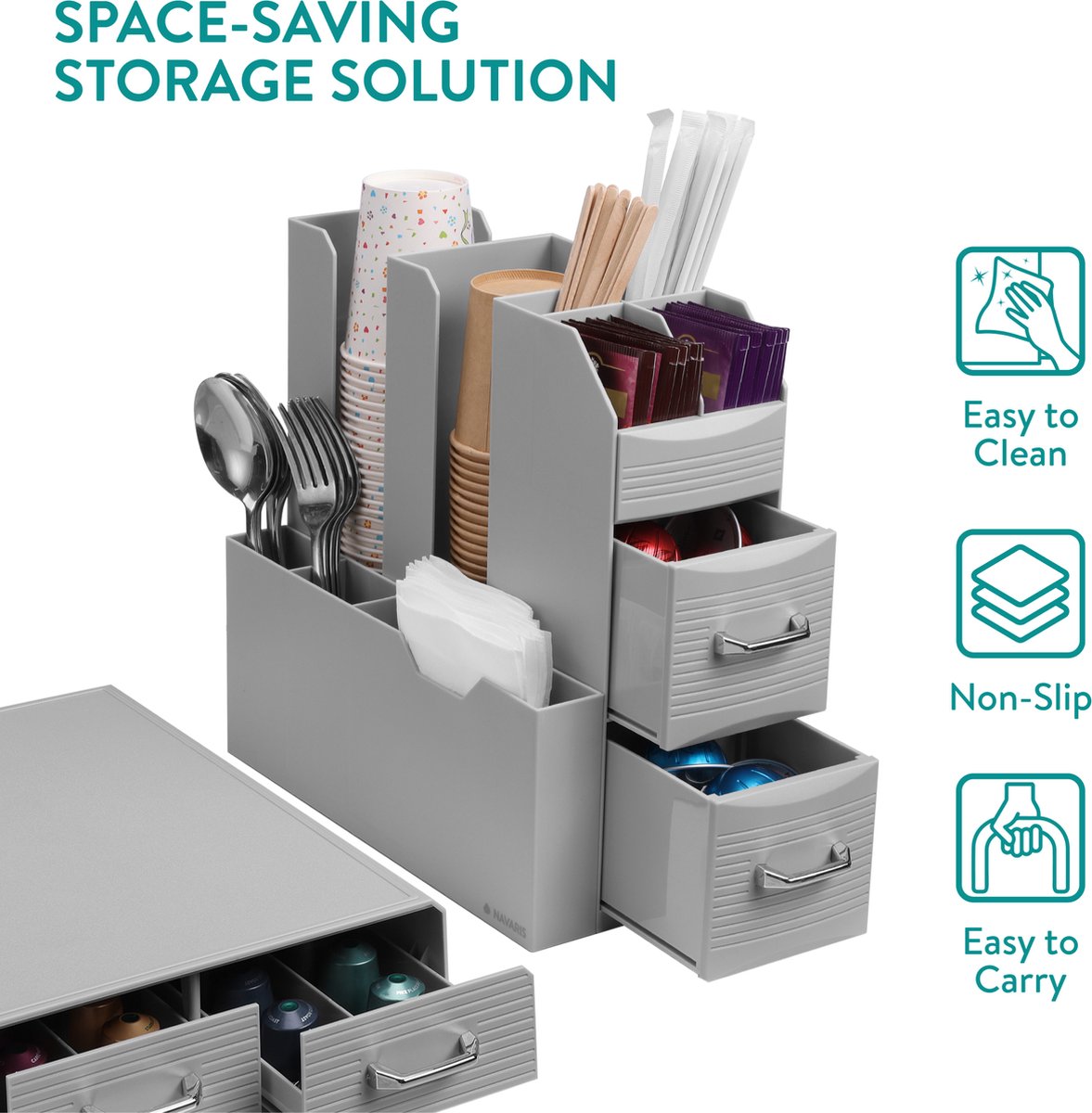 Set suport aparat cafea 3 sertare pentru capsule si organizator 2 sertare pentru consumabile Navaris, gri